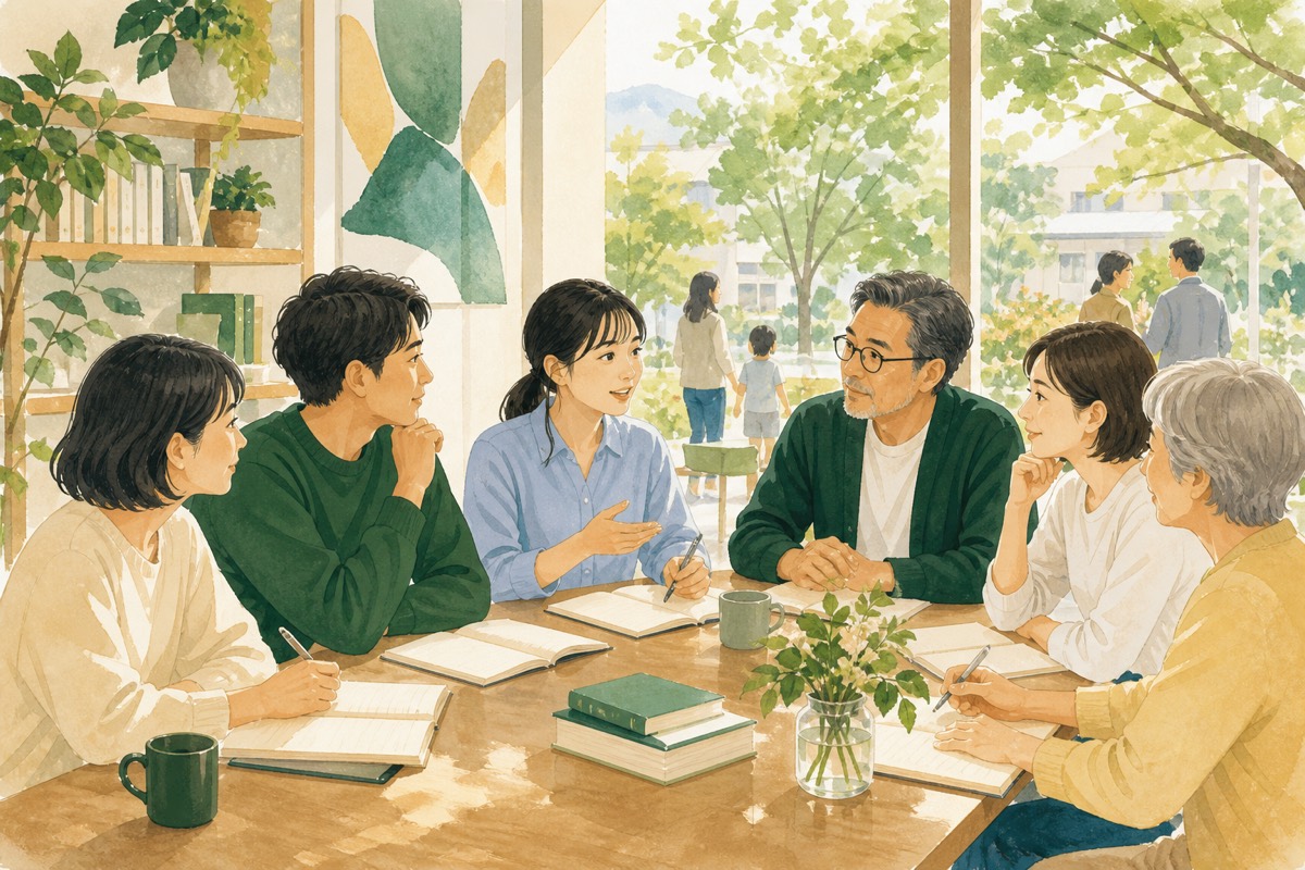 健康と暮らしをともに学ぶ人々のイメージイラスト
